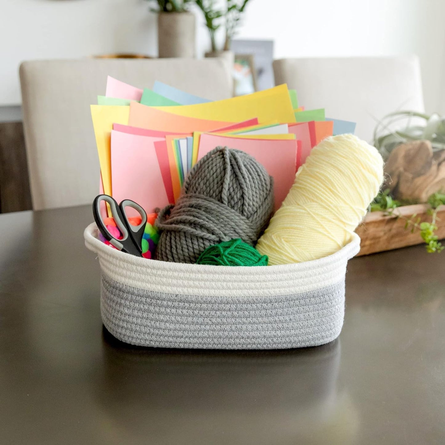 5IN1 Rectangle Storage Basket Set- Natural Cotton Rope Woven Baskets for Organizing! Small Basket for Montessori, Dog Toy Baskets, Cat Toy Box, Bathroom Organization Bin (White)