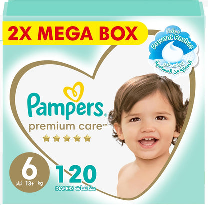 Pampers Premium Care Taped Baby Diapers, Size 6, 13+kg, Unique Softest Absorption for Ultimate Skin Protection, 120 Count