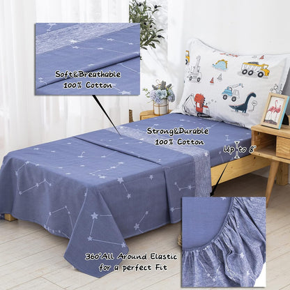 Cars Toddler Bedding Set 4 Pieces Blue Cotton Comforter Set Kids Crib Bed Set Include Flat Sheet Fitted Sheet and Pillowcase for Boys and Girls