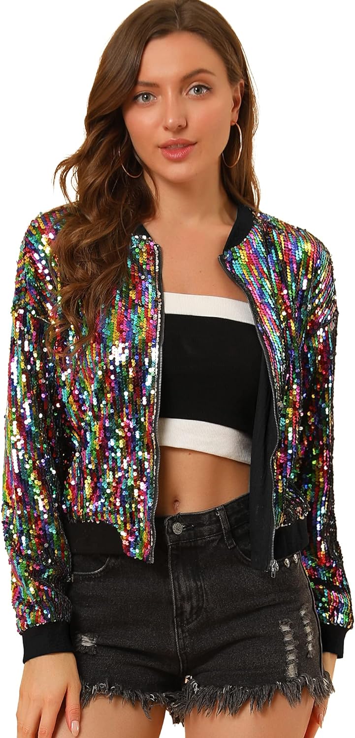 Allegra K Women's Halloween Sequin Sparkle Long Sleeve Zipper Bomber Jacket