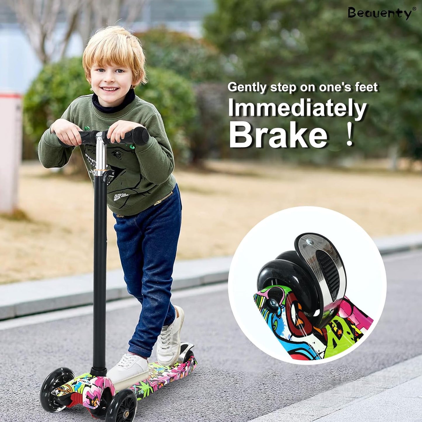 Beauenty 3 Wheel Kids Scooter, Flashing Wheels Scooter for Kids, 4 Height Adjustable Kids Toys for Age 3-13 Years Old Boys Girls, Easy Folding for Carrying Outdoor