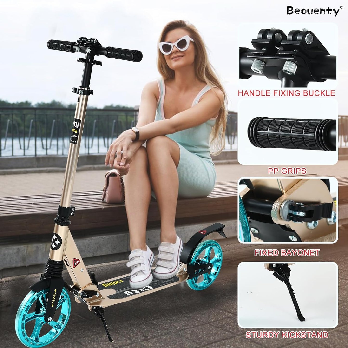 Beauenty 2 Wheels Scooter for Teens, Kick Scooter with Anti-shock Suspension and Adjustable Handlebar for Kids to Adults