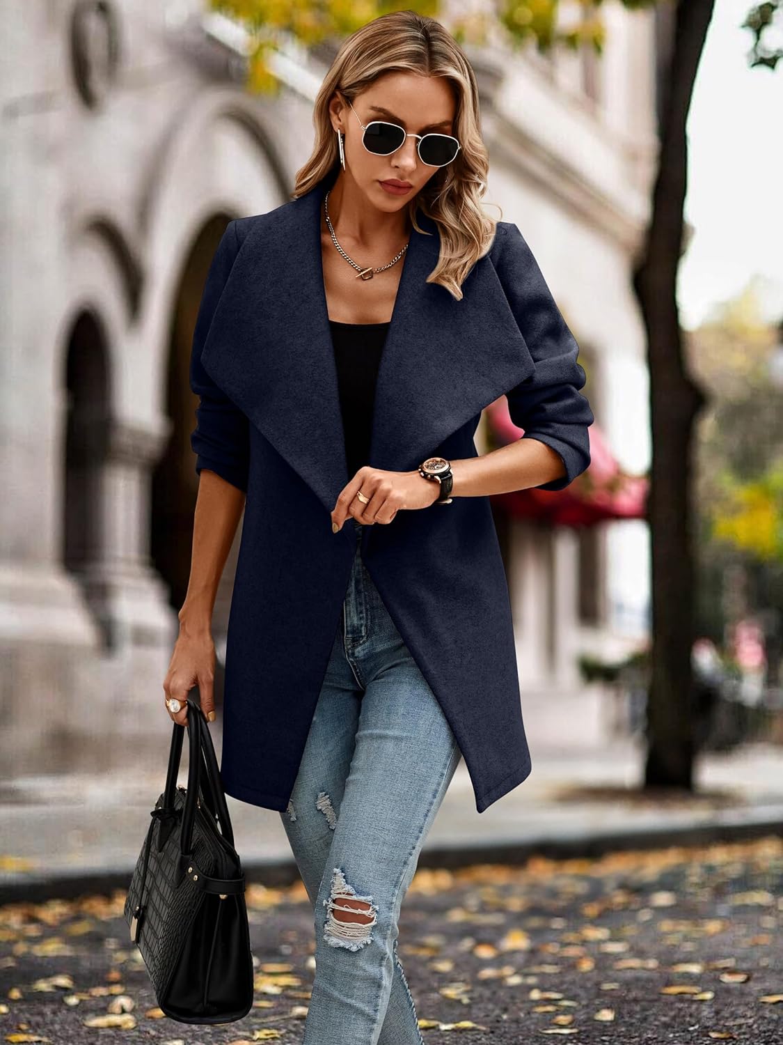 AOVDE Womens Coat Winter Jacket - 2023 Casual Lapel Mid-Long Open Front Pea Coat Wool Blend Overcoat With Belt