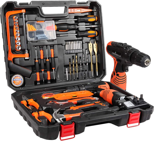 LETTON Tool Kit with Cordless Drill, 60 Pieces Household Repair Box DIY Combo Kit with 2 Li-ion Batteries, 16.8V Power Tool, Variable Speed, DIY Accessories Tool Kit