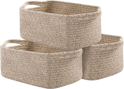 OIAHOMY Cotton Rope Baskets, Woven Baskets for Storage, Nursery Storage Baskets, Rectangle Storage Basket with Handles, Storage Baskets for Shelves, Pack of 3, Brown Variegated