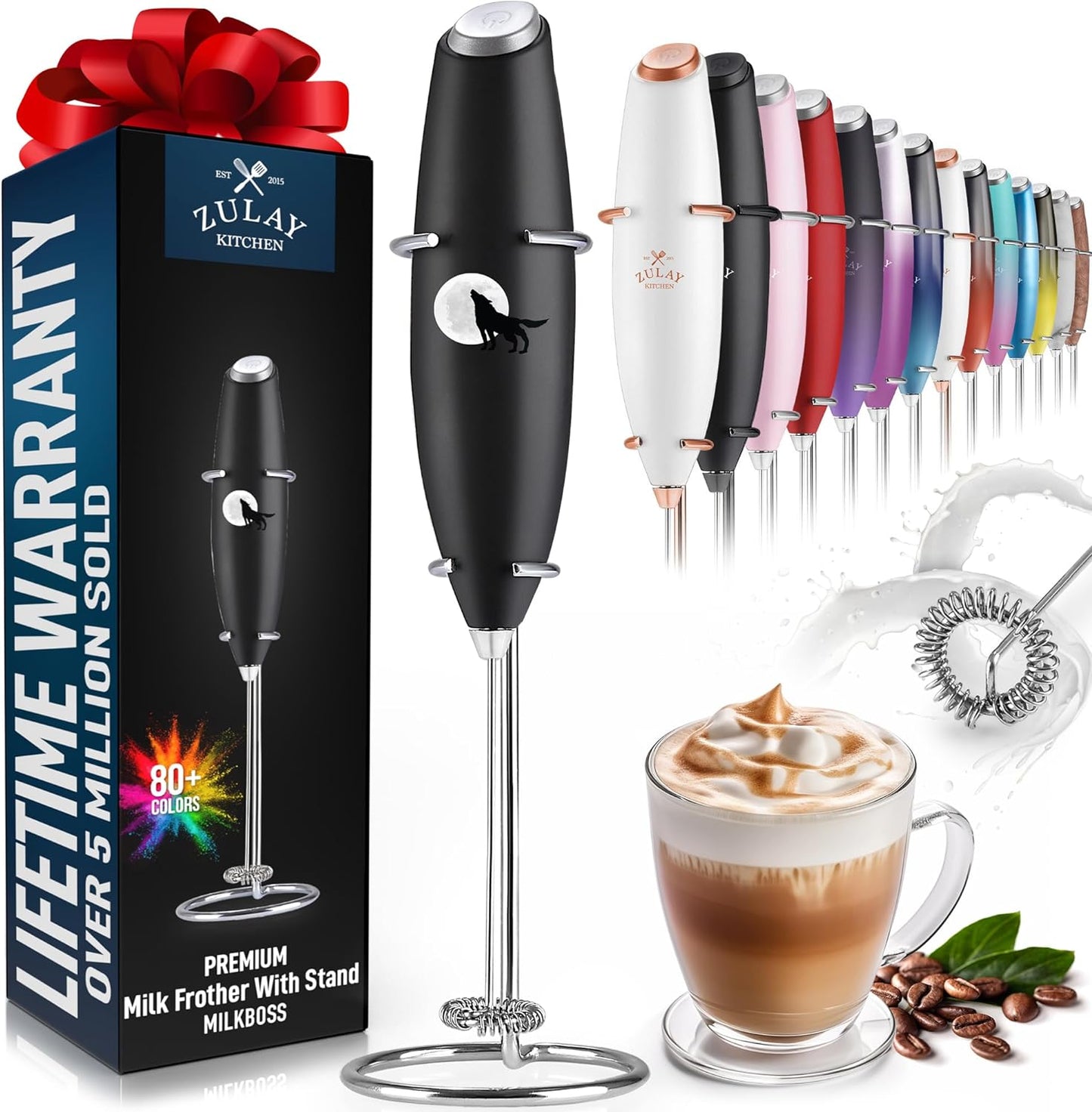 Zulay Executive Series Ultra Premium Gift Milk Frother For Coffee with Deluxe, Radiant Finish - Coffee Frother Handheld Foam Maker - Electric Milk Frother Handheld For Lattes (Black with Sleek Stand)