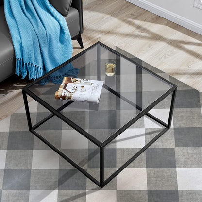 SAYGOER Glass Coffee Table, Small Modern Coffee Table Square Simple Center Tables for Living Room 26.7 x 26.7 x 15.7 Inches, Gray Black