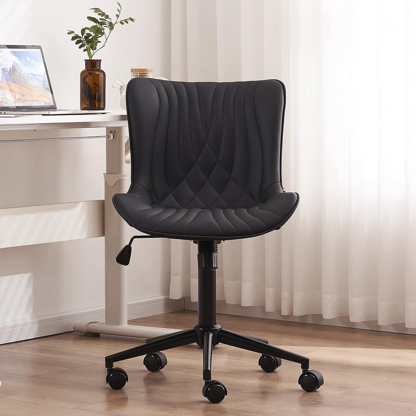 YOUTASTE Ergonomic Office Desk Chair Faux Leather with Wheels Adjustable Home Vanity Chairs Modern Padded Swivel Lounge Chairs Rocking Computer Task Chair with Back Grey