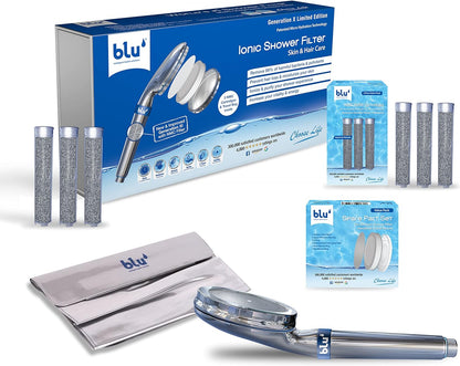 blu Ionic Shower Head & Filter - Annual Bundle - Handheld & 3 Pcs NMC Filters & Spare Parts Set - Removes Chlorine & Harmful Pollutants - Skin & Haircare - Chrome