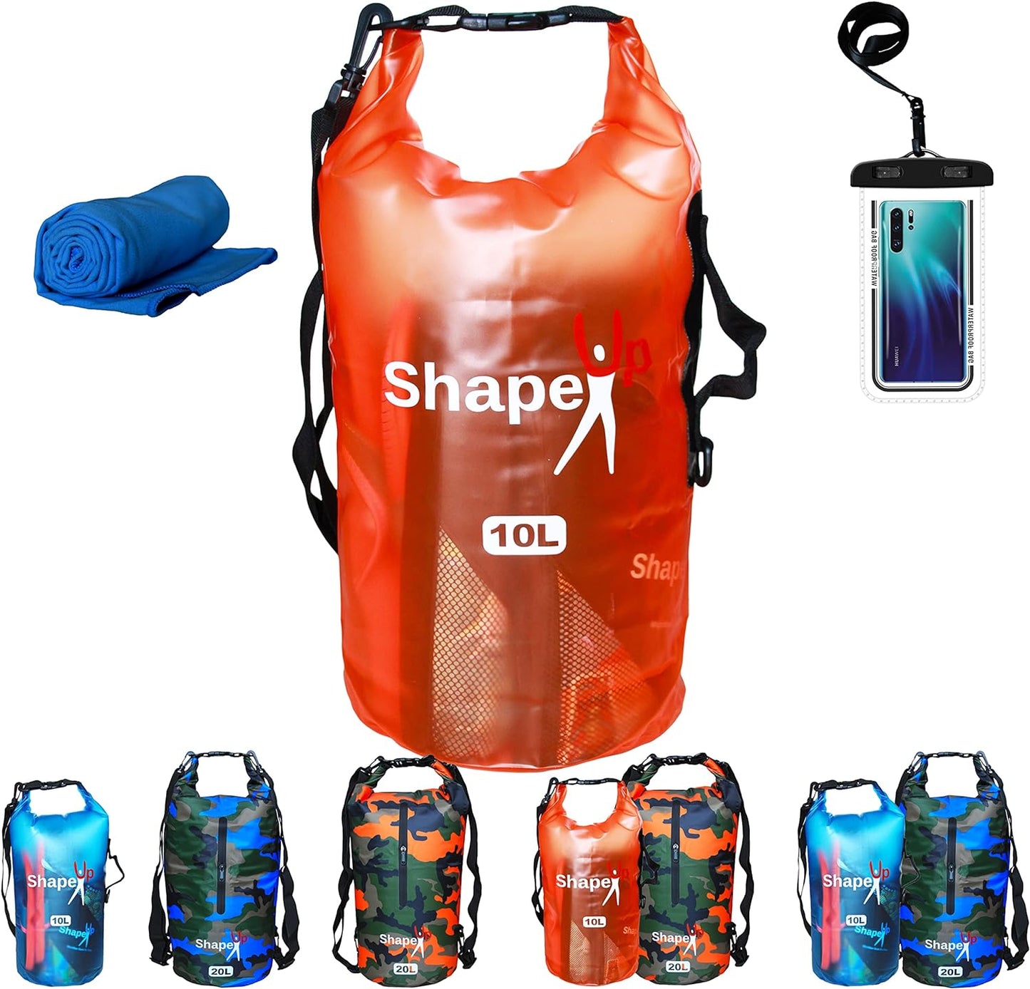 Waterproof Marine Dry Bag Backpack PVC 500 Tarpaulin 20L with pocket & 10L Shoulder Strap Roll Top Floating Dry Sack Boating Swimming with Towel & Phone Case (10, Light Blue, 1)