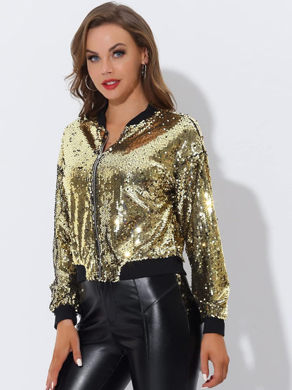 Allegra K Women's Halloween Sequin Sparkle Long Sleeve Zipper Bomber Jacket