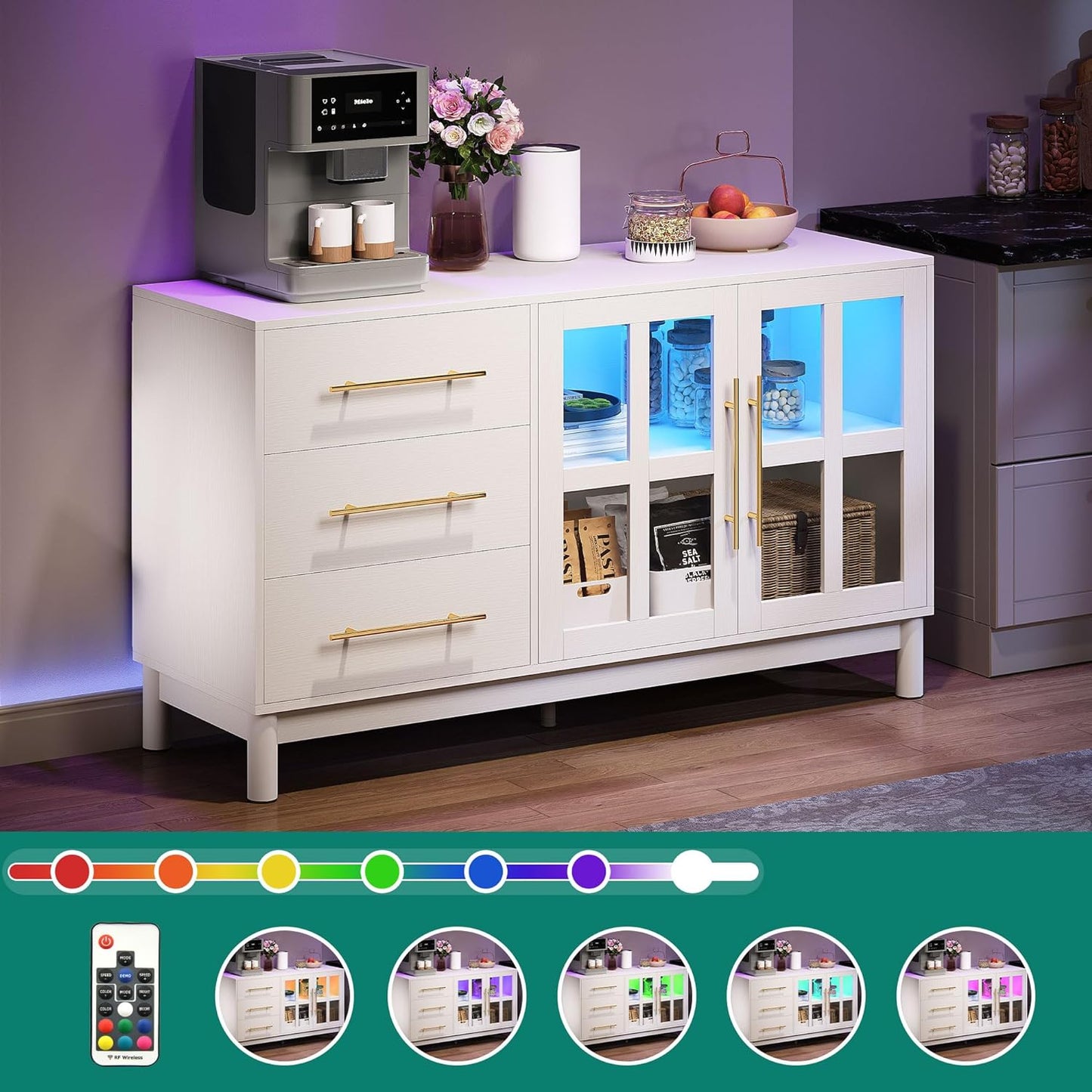 YITAHOME 55'' Sideboard Buffet Cabinet with Storage, Modern Coffee Bar Storage Cabinet with LED Light, 3 Drawers & 2 Acrylic Glass Doors, Wood Buffet Table for Kitchen, Living Room, White