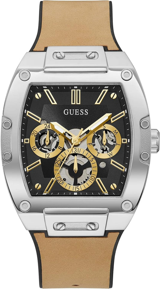GUESS US Men's Silver-Tone and Black Multifunction Watch, one