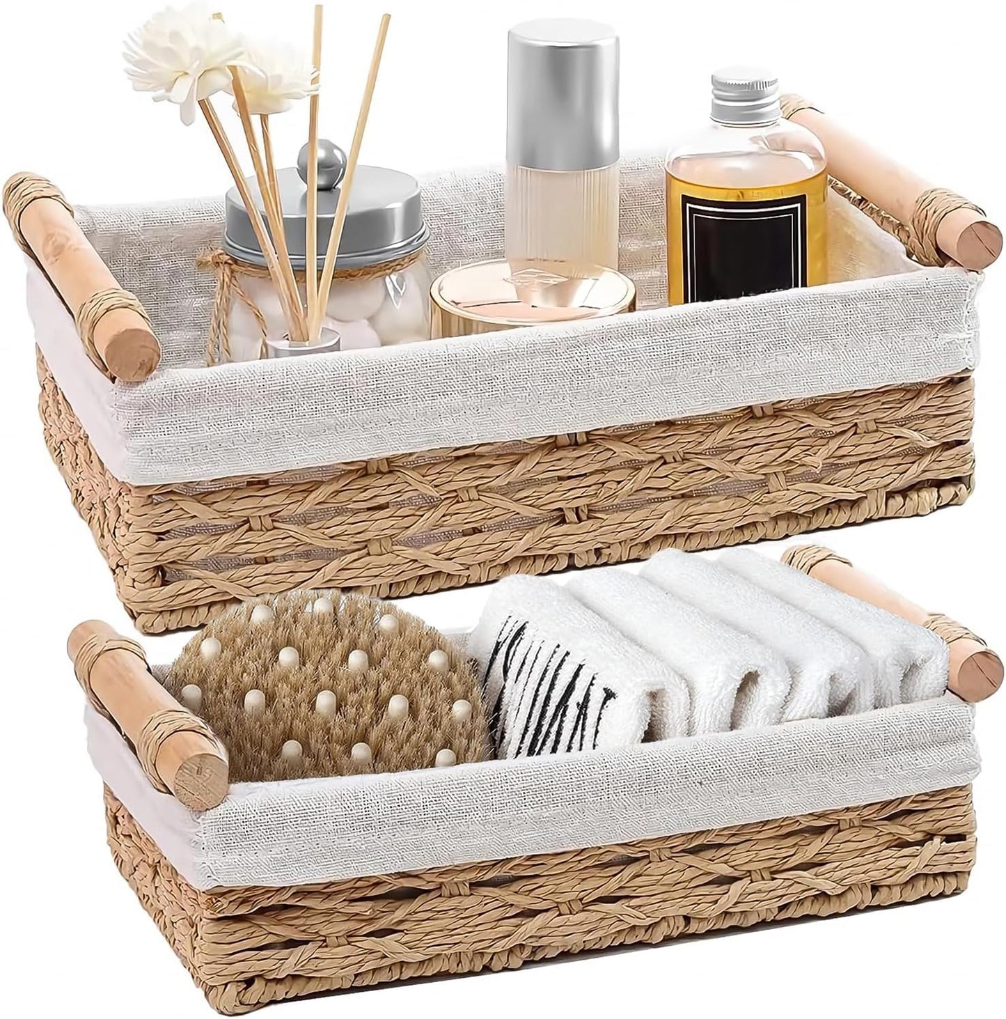 2-Pack Rectangle Woven Home Storage Baskets with Washable Liner, Paper Rope Storage Baskets Straw Rattan Basket for Organizing with Handle, Cosmetic Storage Box (Rectangle)