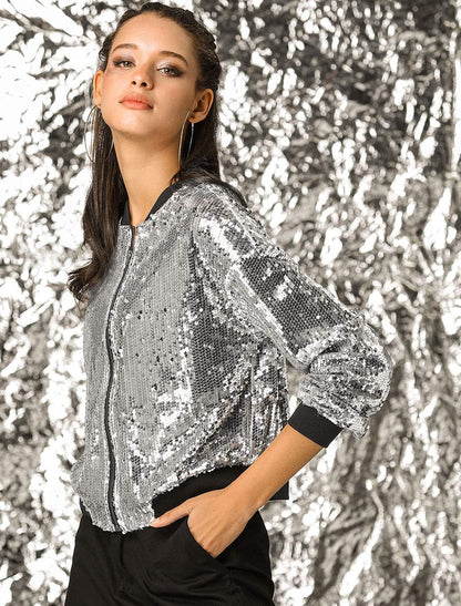 Allegra K Women's Halloween Sequin Sparkle Long Sleeve Zipper Bomber Jacket