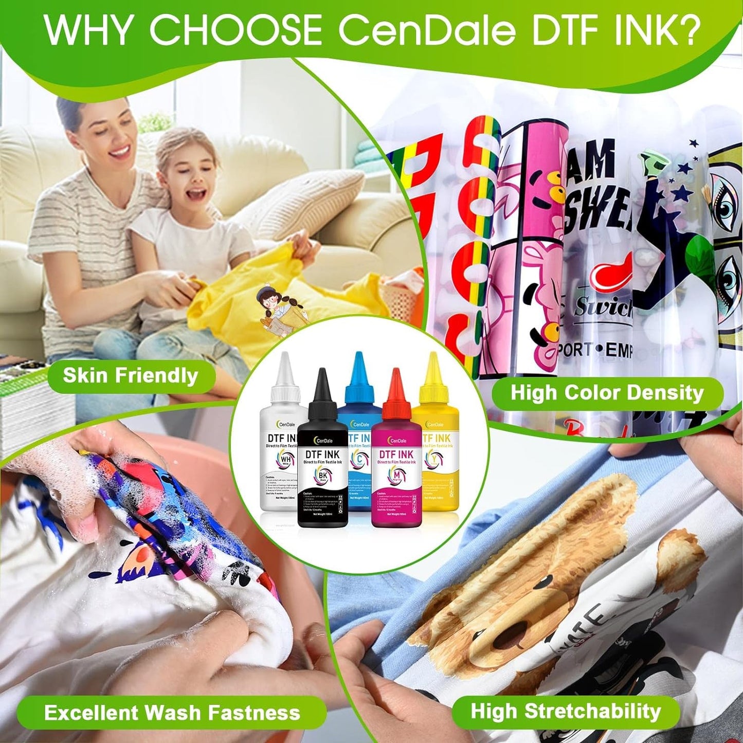 CenDale Premium DTF Ink 600ML- DTF Transfer Ink for PET Film, Refill for DTF Printers Epson ET-8550, XP-15000, L1800, L805, R1390, R2400, Heat Transfer Printing Direct to Film (100ml x 6, CMYK Wh)