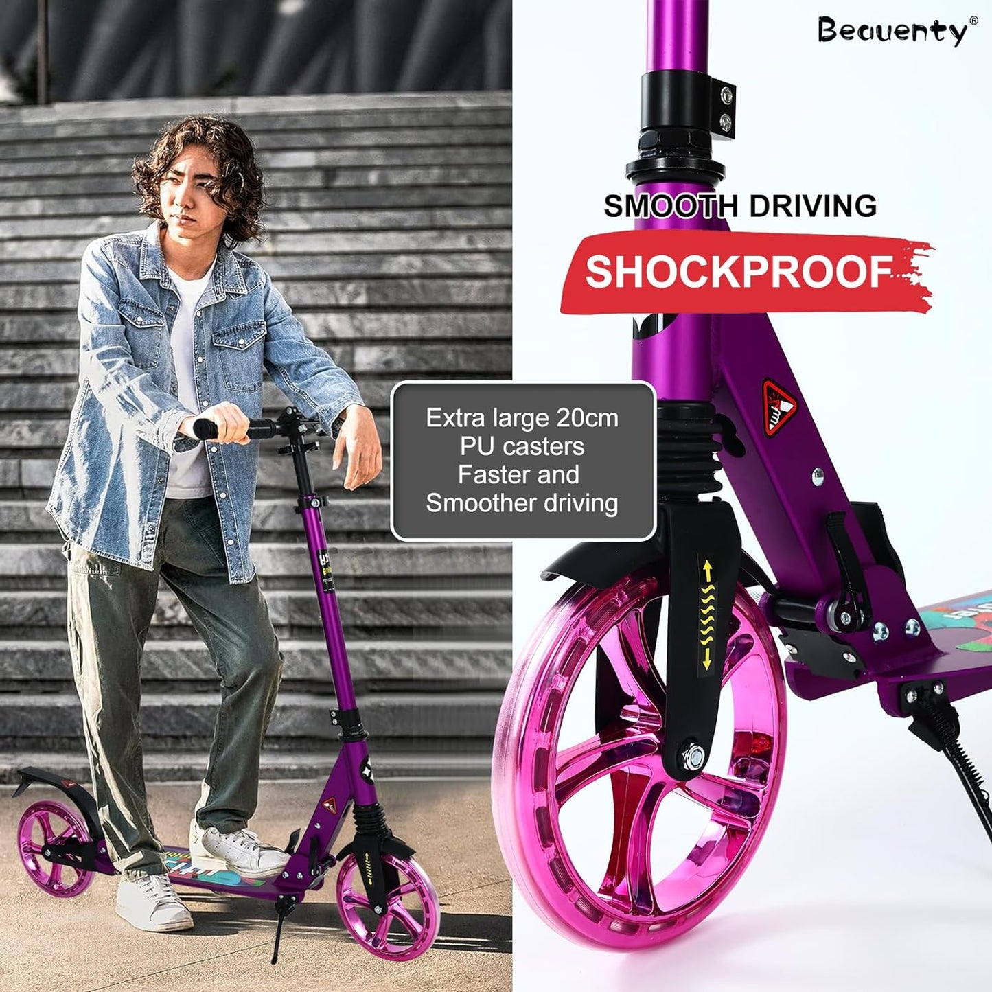 Beauenty 2 Wheels Scooter for Teens, Kick Scooter with Anti-shock Suspension and Adjustable Handlebar for Kids to Adults