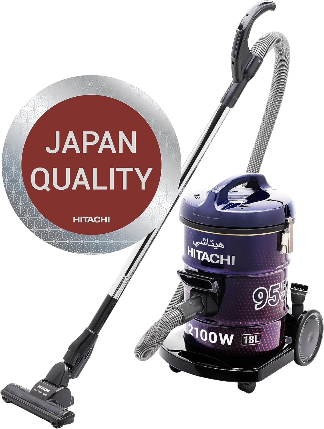 Hitachi Drum Vacuum Cleaner 2100 Watts, 18 Liters Tank Dust Capacity With 7.8M Extra Long Power Code, Removable & Washable Filter, Rug-Floor Nozzle, Best For Home, Office & Mosque, CV950F24CBSWR