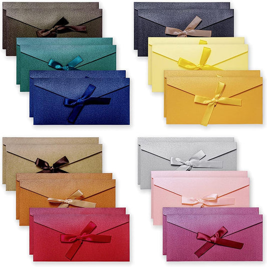 Colourful Envelopes, ELECDON 24Pcs Vintage Kraft Pearlescent Paper Envelopes with Colored Bow Tie Ribbons for Handmade Invitations, Wedding or Festival Cards, Thickened Large (12 Colour)