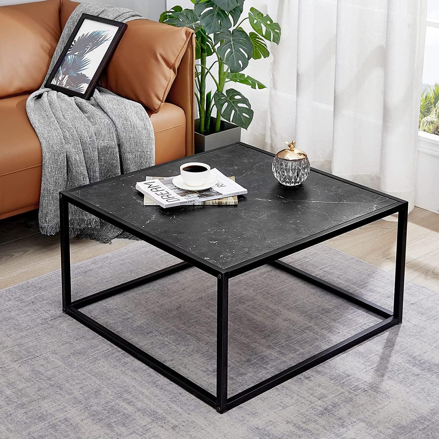 SAYGOER Glass Coffee Table, Small Modern Coffee Table Square Simple Center Tables for Living Room 26.7 x 26.7 x 15.7 Inches, Gray Black