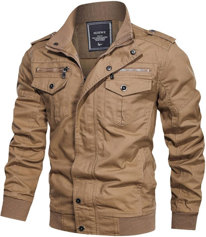 Men's Military Jacket Cargo Casual Coat Lightweight Outwear Cotton Stand Collar Windbreaker