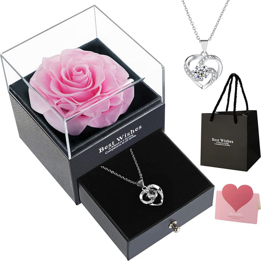 Lafloraita Preserved Pink Real Rose with Crystal Heart Necklace,Romantic Gifts,Jewelry Boxes with Necklace