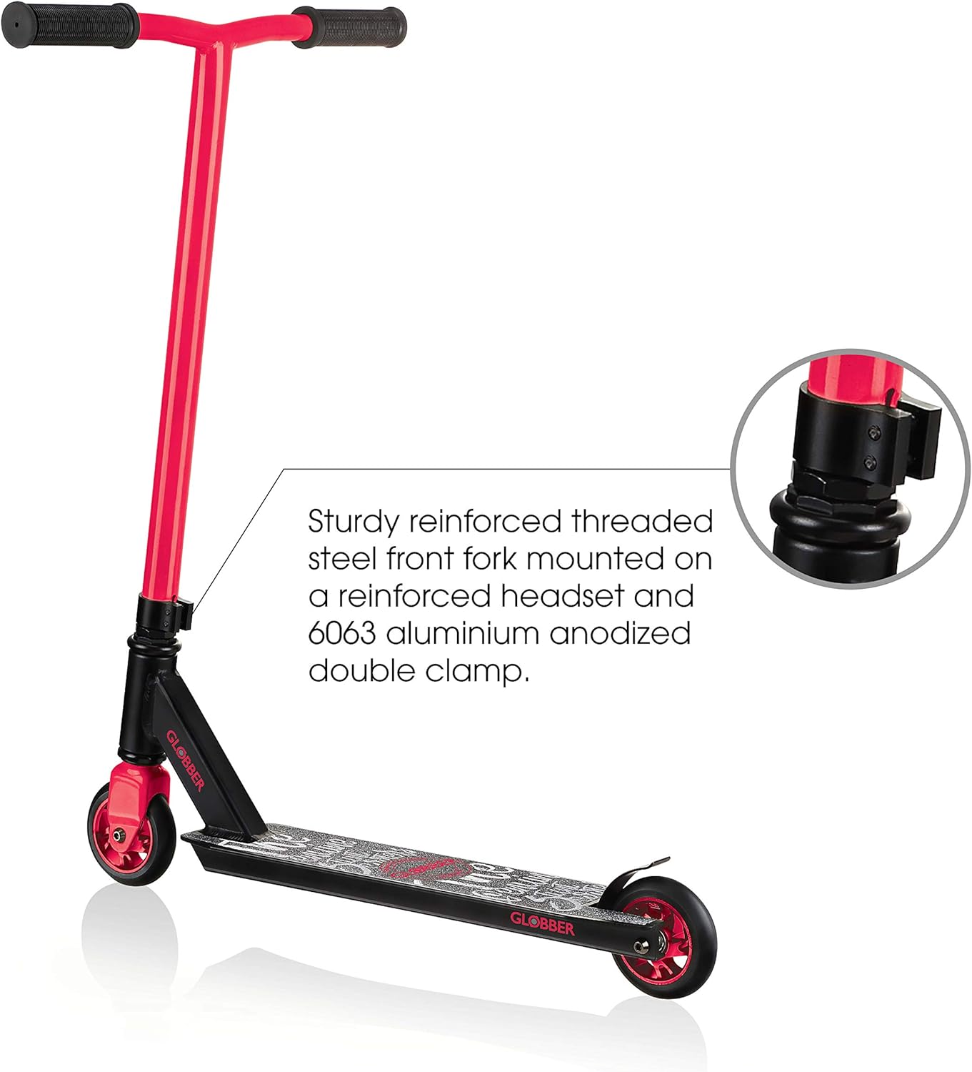 Globber Stunt Scooter GS 360 2-Wheel Stunt Scooter Sturdy Aluminium Deck, Reinforced 83° Aluminium downtube for Teens and Adults