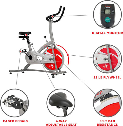 Sunny Health & Fitness Exercise Bike, Indoor Cycling Exercise Stationary Bike with Digital Monitor/Flywheel/Adjustable Seat, Gym Equipment for Home Use, 22 LB Flywheel, SF-B1203