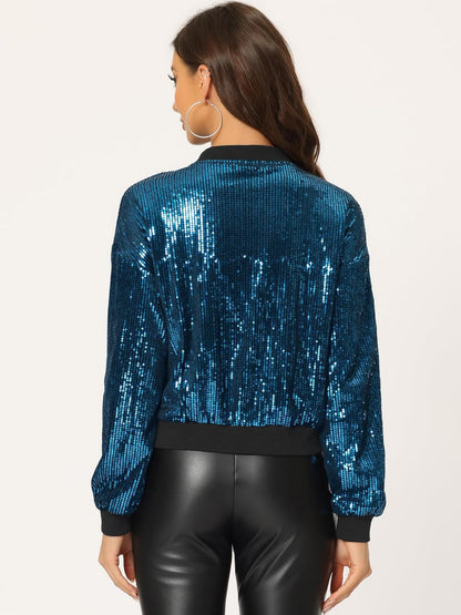 Allegra K Women's Halloween Sequin Sparkle Long Sleeve Zipper Bomber Jacket