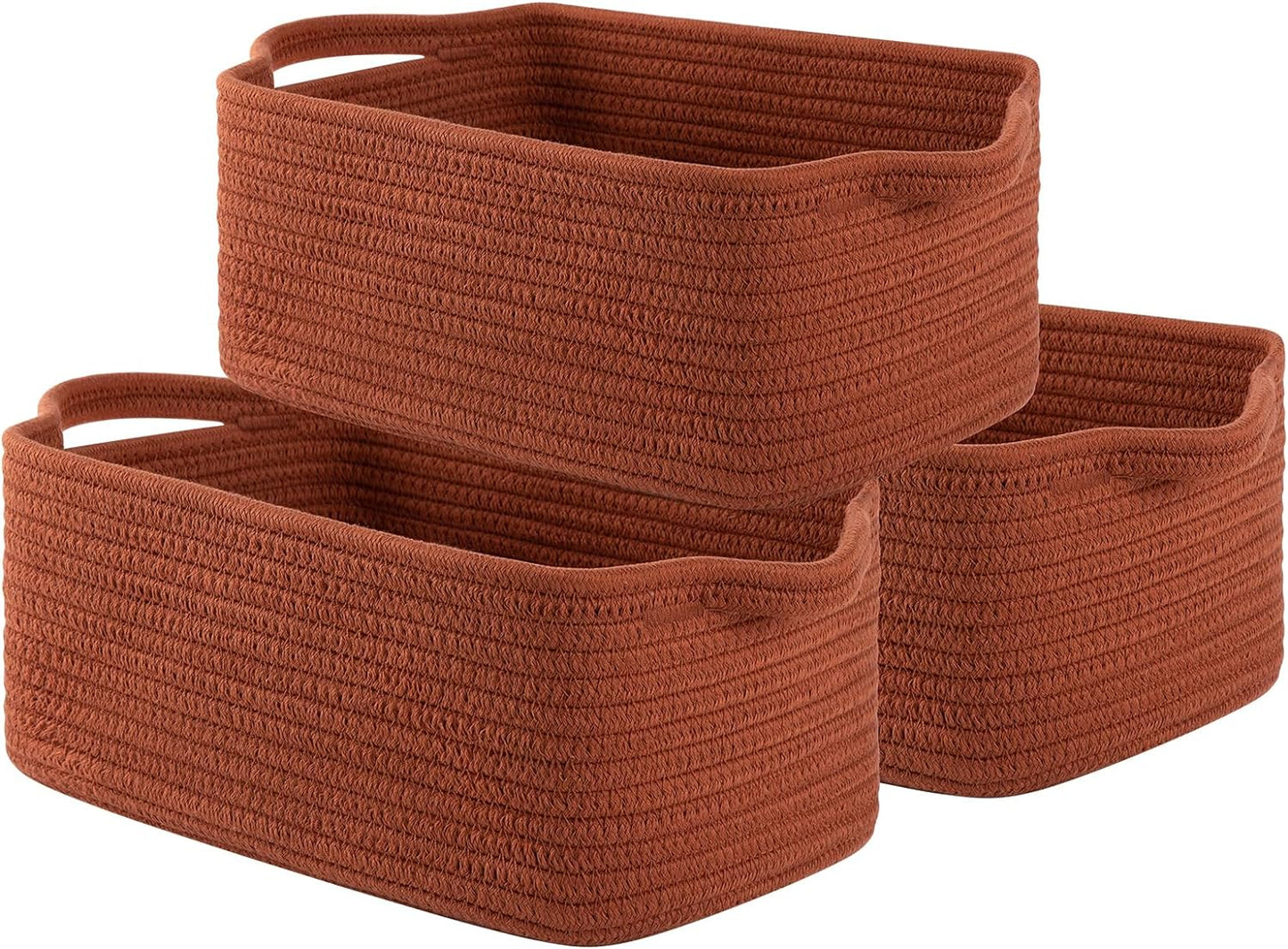 OIAHOMY Cotton Rope Baskets, Woven Baskets for Storage, Nursery Storage Baskets, Rectangle Storage Basket with Handles, Storage Baskets for Shelves, Pack of 3, Brown Variegated