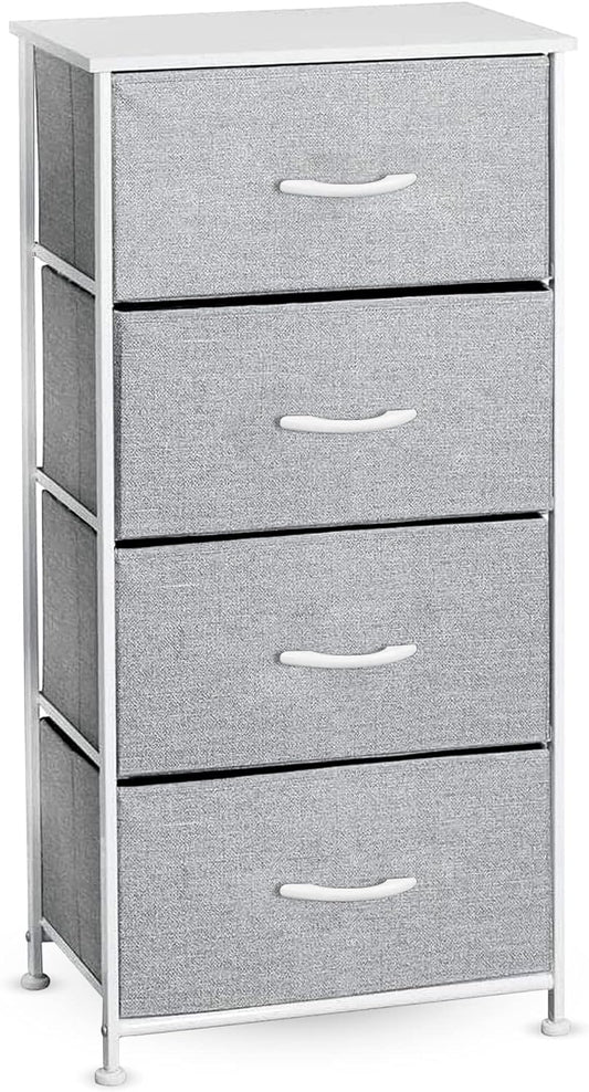 FCG Home - Chest of Drawers, Fabric Storage Organizer Unit for Bedroom Living Room, Steel Frame, Fabric Bins & Wooden Top, Dresser, Side table, night stand (4 Drawer, Grey/White)