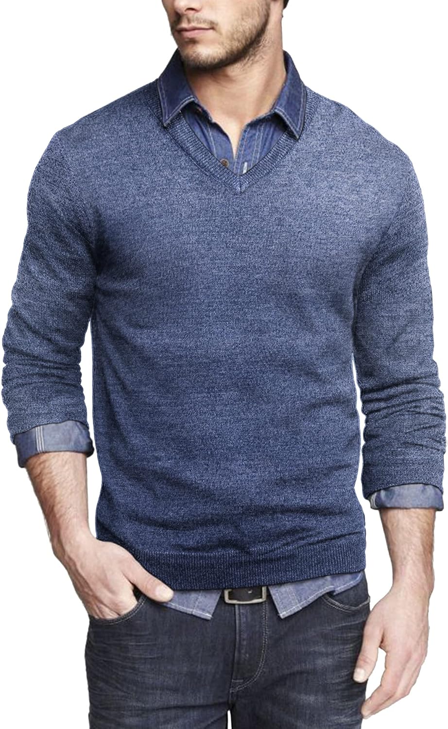 Coofandy Men Casual V Neck Sweater Ribbed Knit Slim Fit Long Sleeve Pullover Top