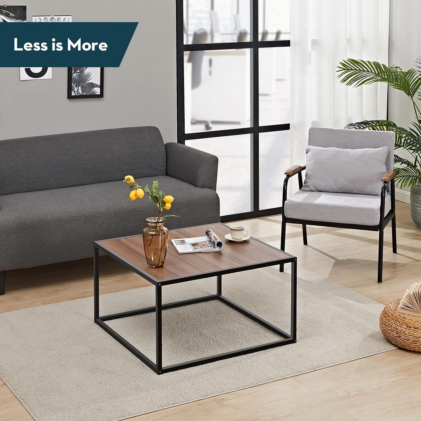 SAYGOER Glass Coffee Table, Small Modern Coffee Table Square Simple Center Tables for Living Room 26.7 x 26.7 x 15.7 Inches, Gray Black