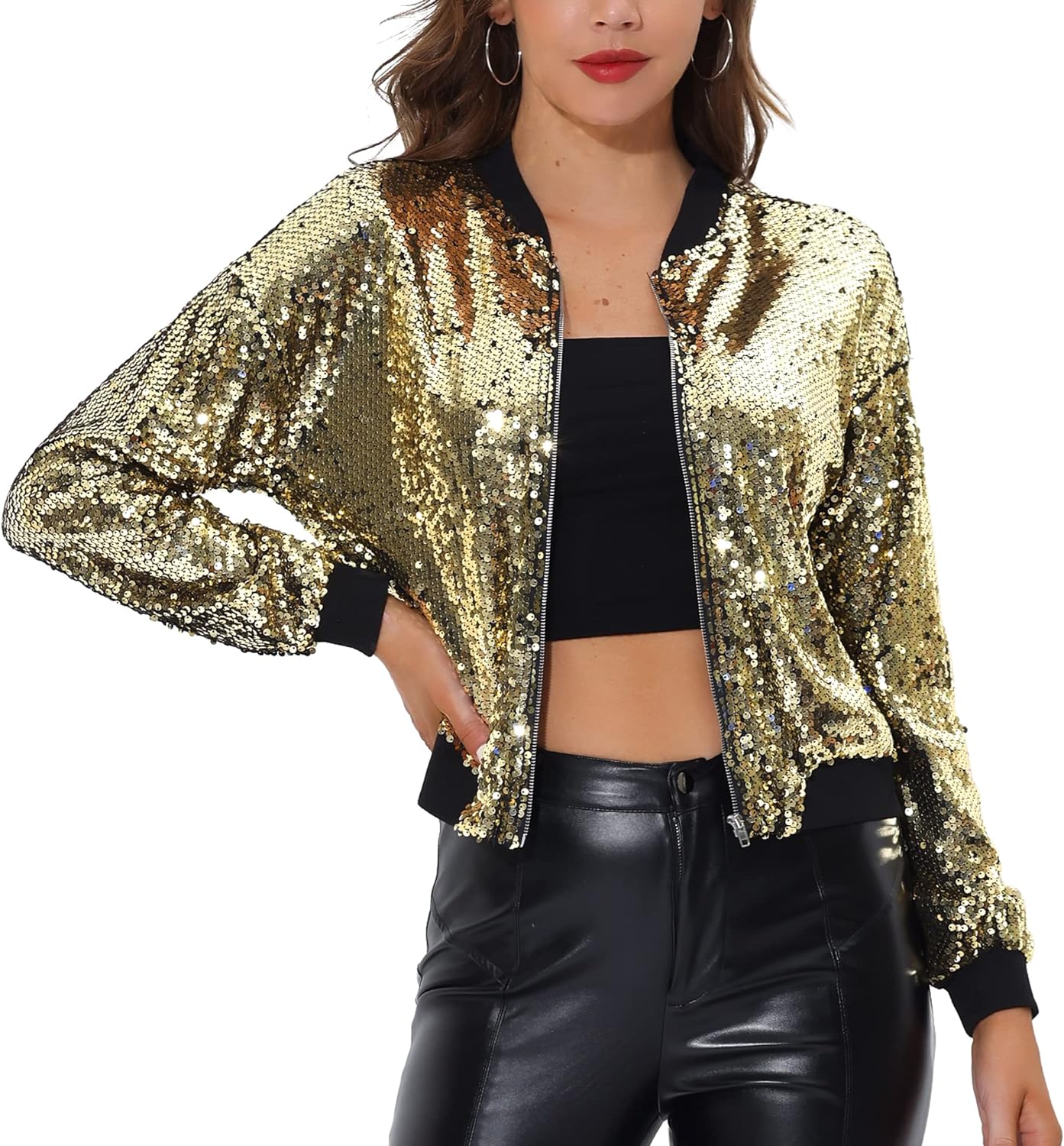 Allegra K Women's Halloween Sequin Sparkle Long Sleeve Zipper Bomber Jacket