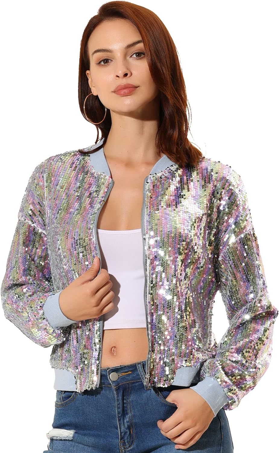 Allegra K Women's Halloween Sequin Sparkle Long Sleeve Zipper Bomber Jacket