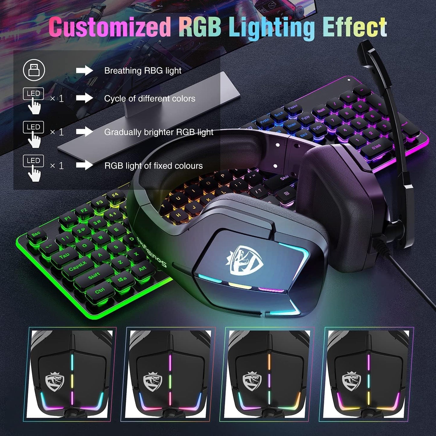 Soulbytes Gaming Headset PS5 Headset PS4 Switch PC xboxone Headset with Microphone Dynamic RGB LED Effect Gamer Headsets for Computer Laptop 3.5mm Wired Stereo Bass Over Ear Mic Gaming Headphones