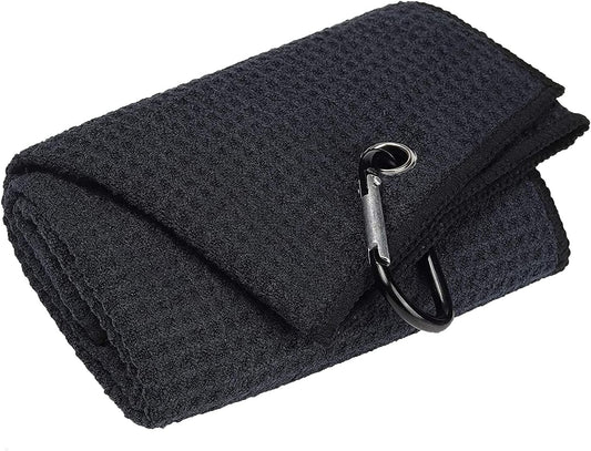 Tri-fold Golf Towel | Premium Microfiber Fabric | Waffle Pattern | Heavy Duty Carabiner Clip