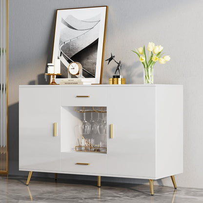 YITAHOME Buffet Cabinet, Sideboard & Buffet with Storage, Credenza with Adjustable Shelf, Wine Glass Holder, Drawers, Modern White & Gold Dresser for Living Room, Kitchen, Dining Room