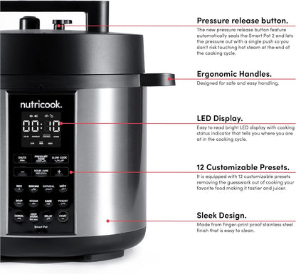 Nutricook Smart Pot 2, 8 Liters, 9 In 1 Electric Pressure Cooker, Slow Cooker, Rice Cooker, Steamer, Sauté Pot, Yogurt Maker & More, 12 Smart Programs With New Smart Lid, 2 Years Warranty