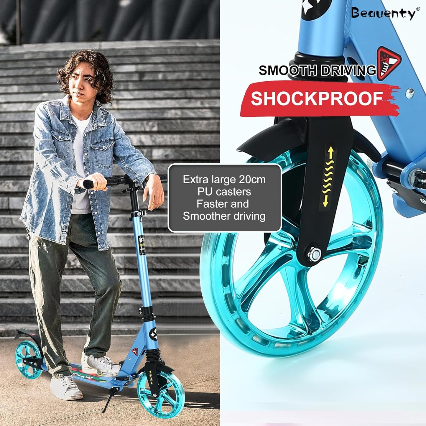 Beauenty 2 Wheels Scooter for Teens, Kick Scooter with Anti-shock Suspension and Adjustable Handlebar for Kids to Adults