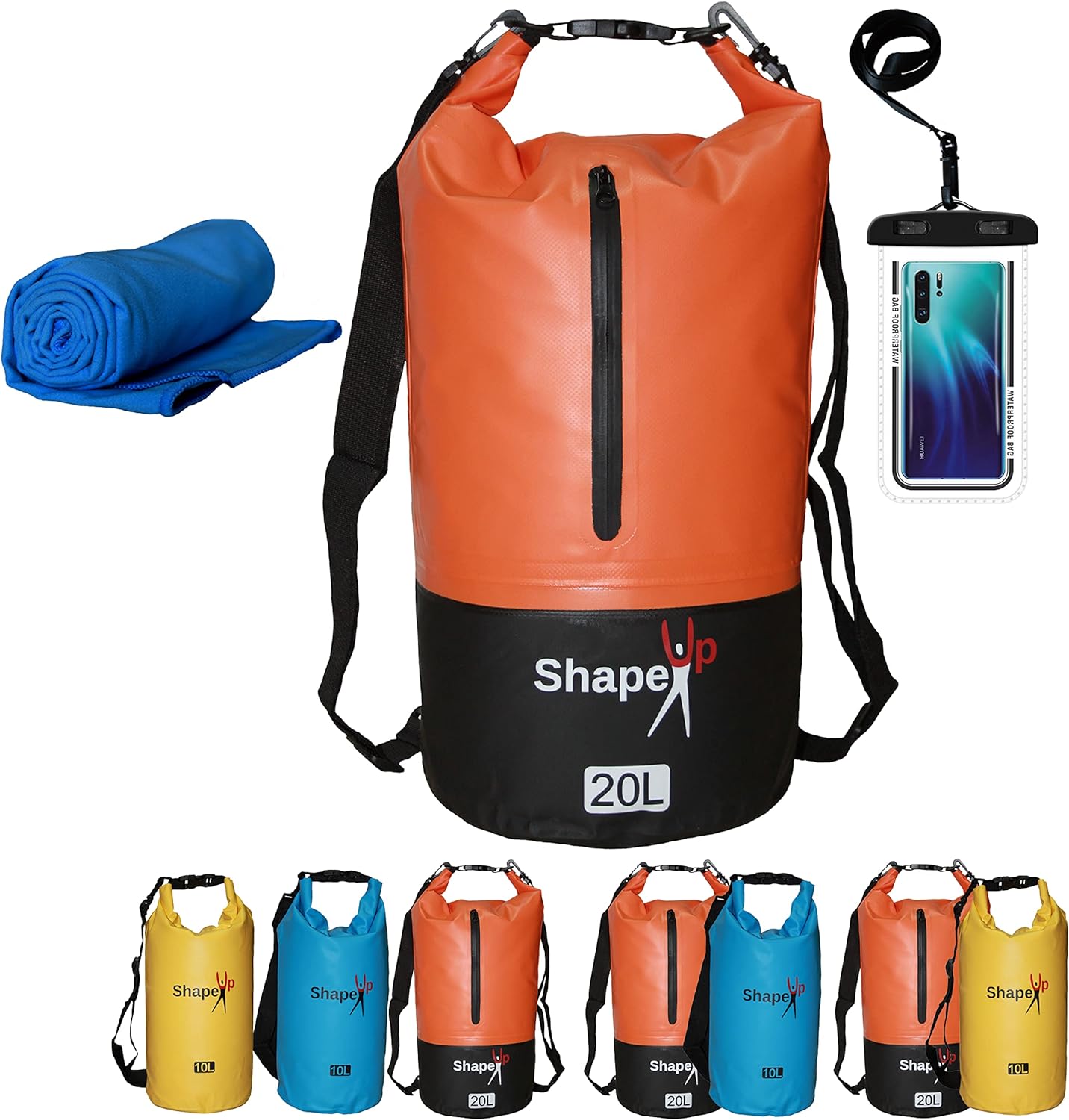 Waterproof Marine Dry Bag Backpack PVC 500 Tarpaulin 20L with pocket & 10L Shoulder Strap Roll Top Floating Dry Sack Boating Swimming with Towel & Phone Case (10, Light Blue, 1)