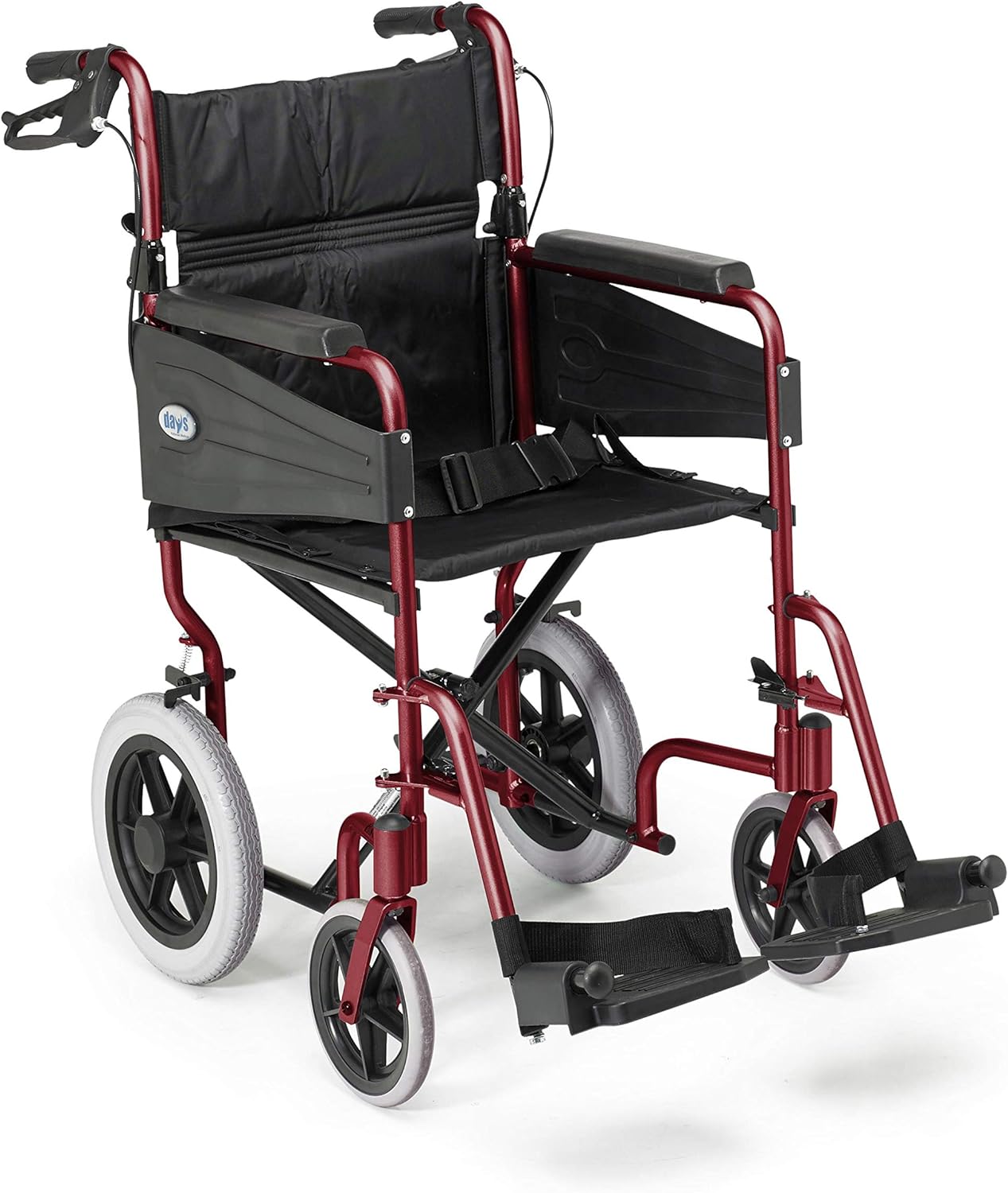 Days Escape Lite Wheelchair, Attendant Propelled Lightweight Aluminium with Folding Frame, Mobility Aid, Comfy and Sturdy, Portable Transit Travel Chair, Removable Footrests, Wide Ruby Red