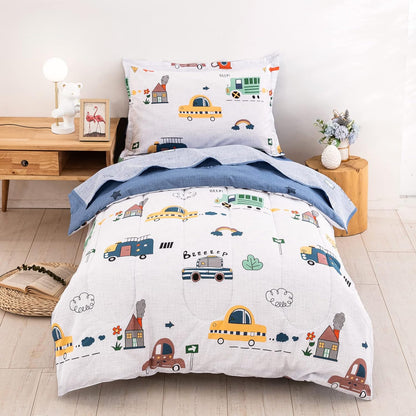 Cars Toddler Bedding Set 4 Pieces Blue Cotton Comforter Set Kids Crib Bed Set Include Flat Sheet Fitted Sheet and Pillowcase for Boys and Girls