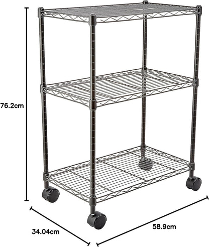 Amazon Basics 3-Shelf Adjustable, Heavy Duty Storage Shelving Unit on 10 cm Wheel Casters, Metal Organizer Wire Rack, Black, 34.03 L x 58.92 W x 76.2 H centimeters