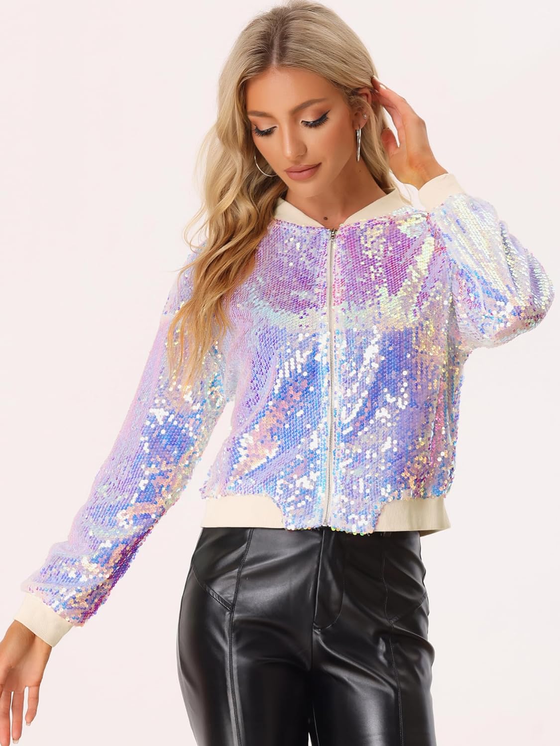 Allegra K Women's Halloween Sequin Sparkle Long Sleeve Zipper Bomber Jacket