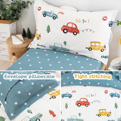 Cars Toddler Bedding Set 4 Pieces Blue Cotton Comforter Set Kids Crib Bed Set Include Flat Sheet Fitted Sheet and Pillowcase for Boys and Girls