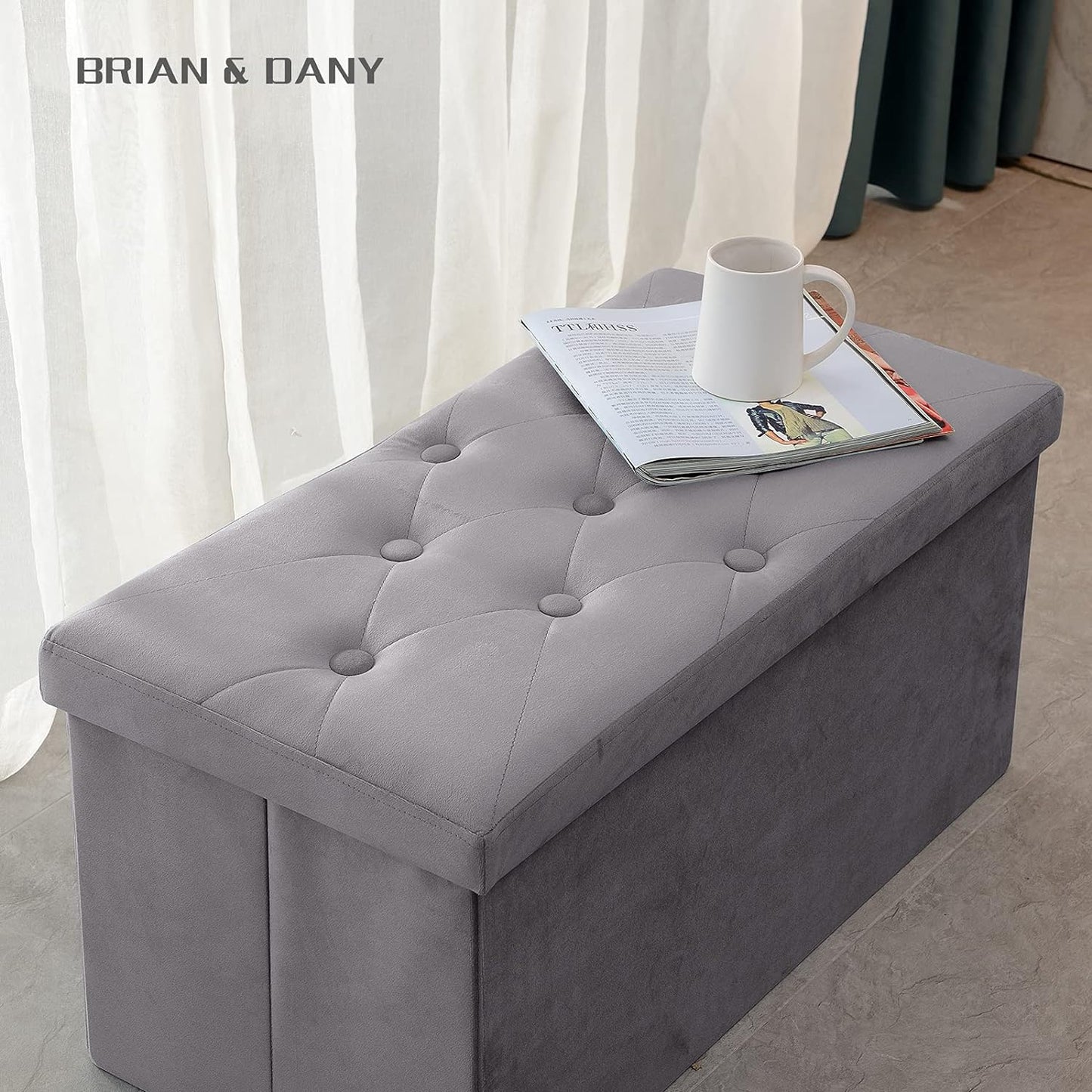 BRIAN & DANY Storage Ottoman Foldable Velvet Footstool Bench with Lid Toy Storage Box, 76 x 38 x 38 cm, Gray