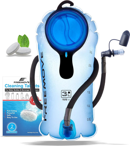 FREEMOVE 2L Hydration Bladder with Cleaning Kit or 3L Water Bladder >Blue or Green< Leak Proof Hydration Pack, Tasteless & BPA Free, TPU Water Reservoir, Quick Release Insulated Tube & Shutoff Valve