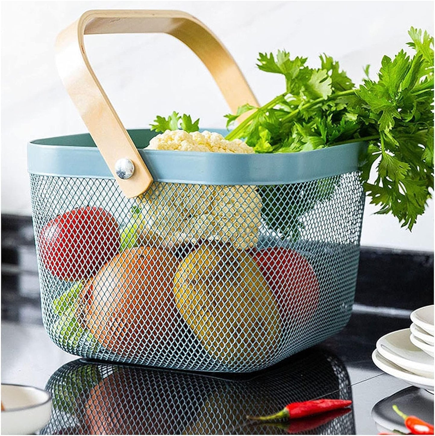 MILLTO Metal Mesh Steel Basket with Bamboo Handle, Garden Harvest Basket for Gathering Vegetables, Multi-Functional Hanging Kitchen Baskets Fruit Basket Bin Storage Organizer Basket (White)