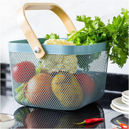 MILLTO Metal Mesh Steel Basket with Bamboo Handle, Garden Harvest Basket for Gathering Vegetables, Multi-Functional Hanging Kitchen Baskets Fruit Basket Bin Storage Organizer Basket (White)